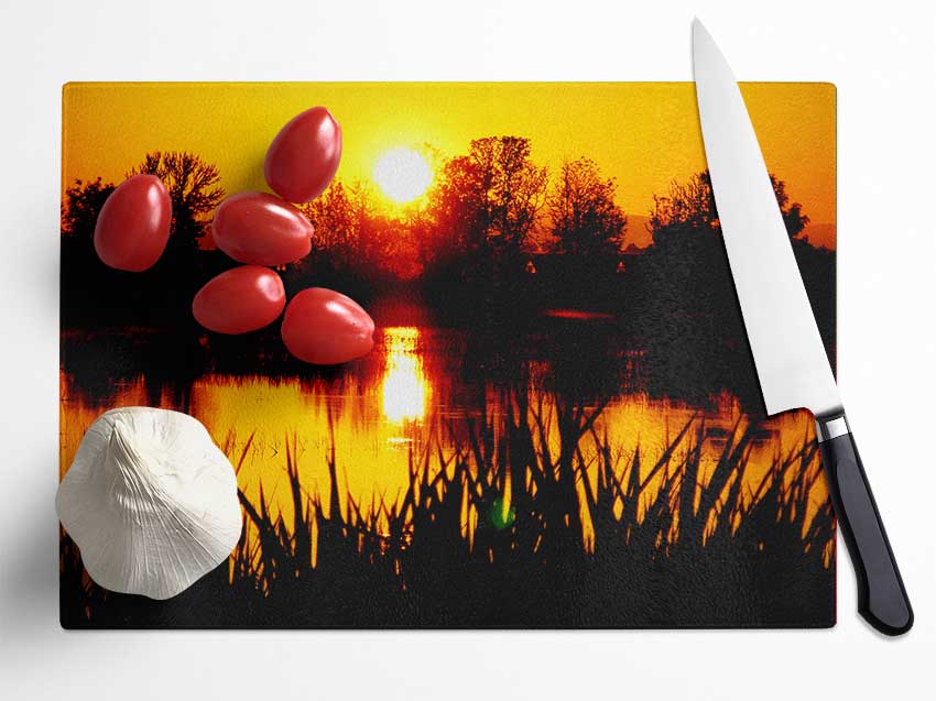 Orange Sunset River Glass Chopping Board