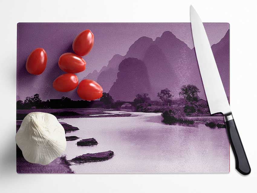 Mauve Mountain Lake Glass Chopping Board