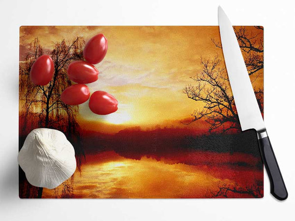 Golden Clouds Over The Lake Glass Chopping Board