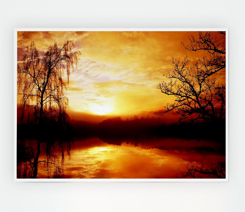 Golden Clouds Over The Lake Print Poster Wall Art