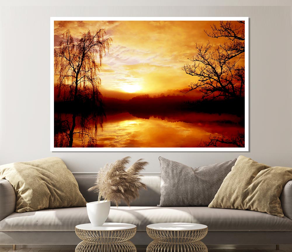 Golden Clouds Over The Lake Print Poster Wall Art