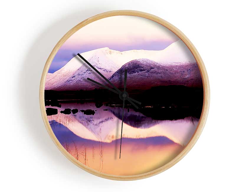 Tranquil Mountain Snow Reflections Clock - Wallart-Direct UK