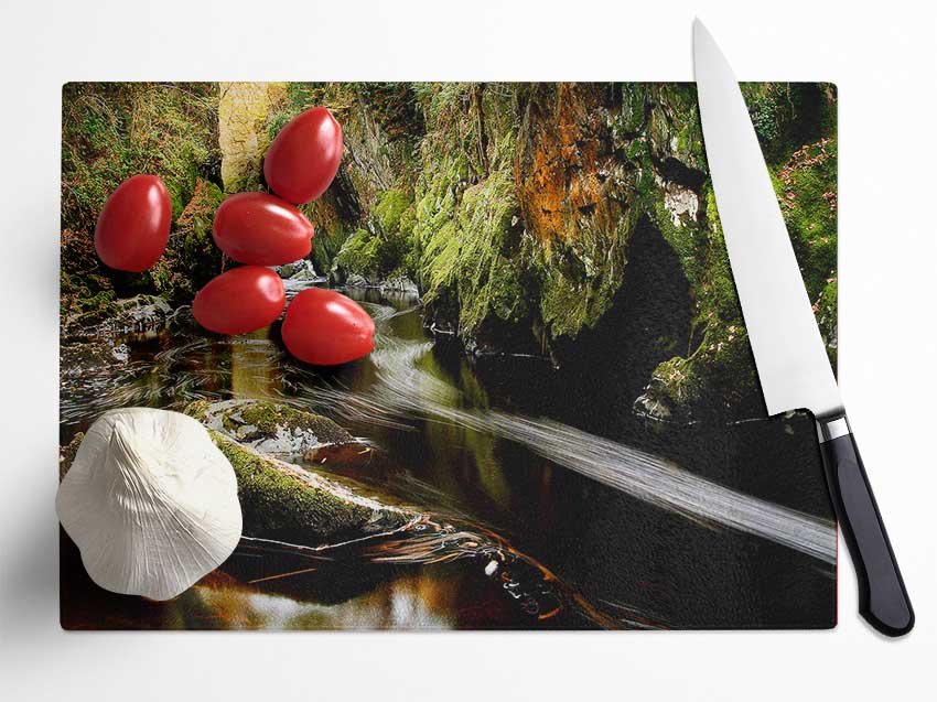 Woodland Stream Flows Glass Chopping Board