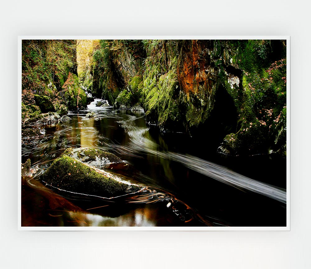 Woodland Stream Flows Print Poster Wall Art