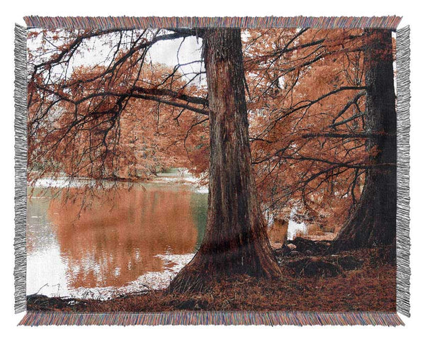 Orange Winter Lake Reflections Woven Blanket