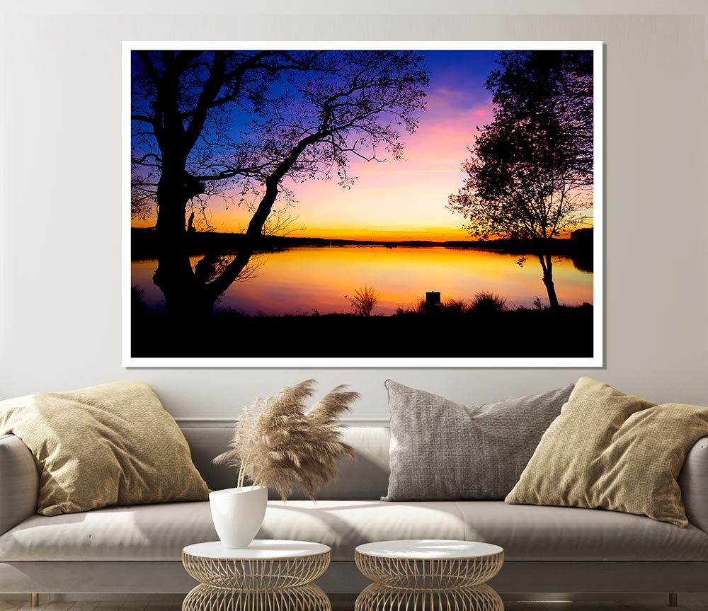 Calm Lake Sunset Print Poster Wall Art