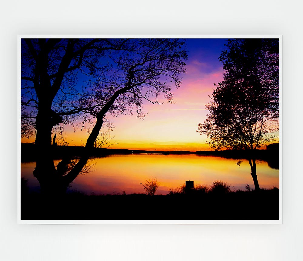 Calm Lake Sunset Print Poster Wall Art