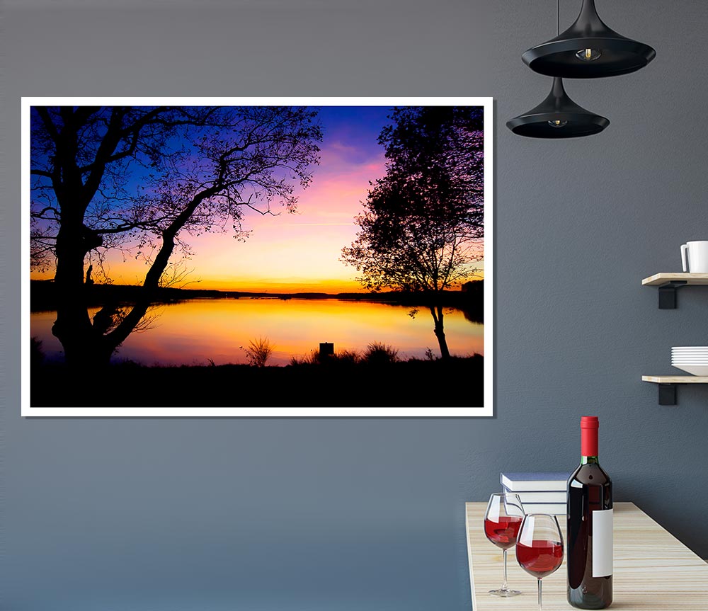 Calm Lake Sunset Print Poster Wall Art