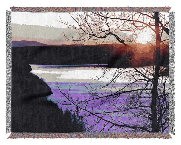 Blazing Red Sun Over The Winter Lake Woven Blanket