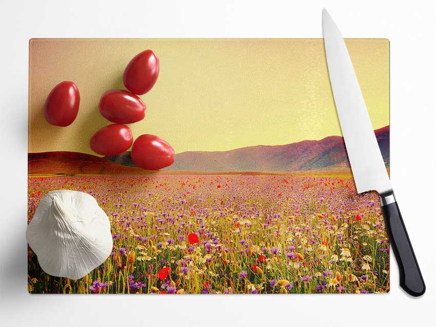 Sunny Field Of Beautiful Wild Flowers Glass Chopping Board