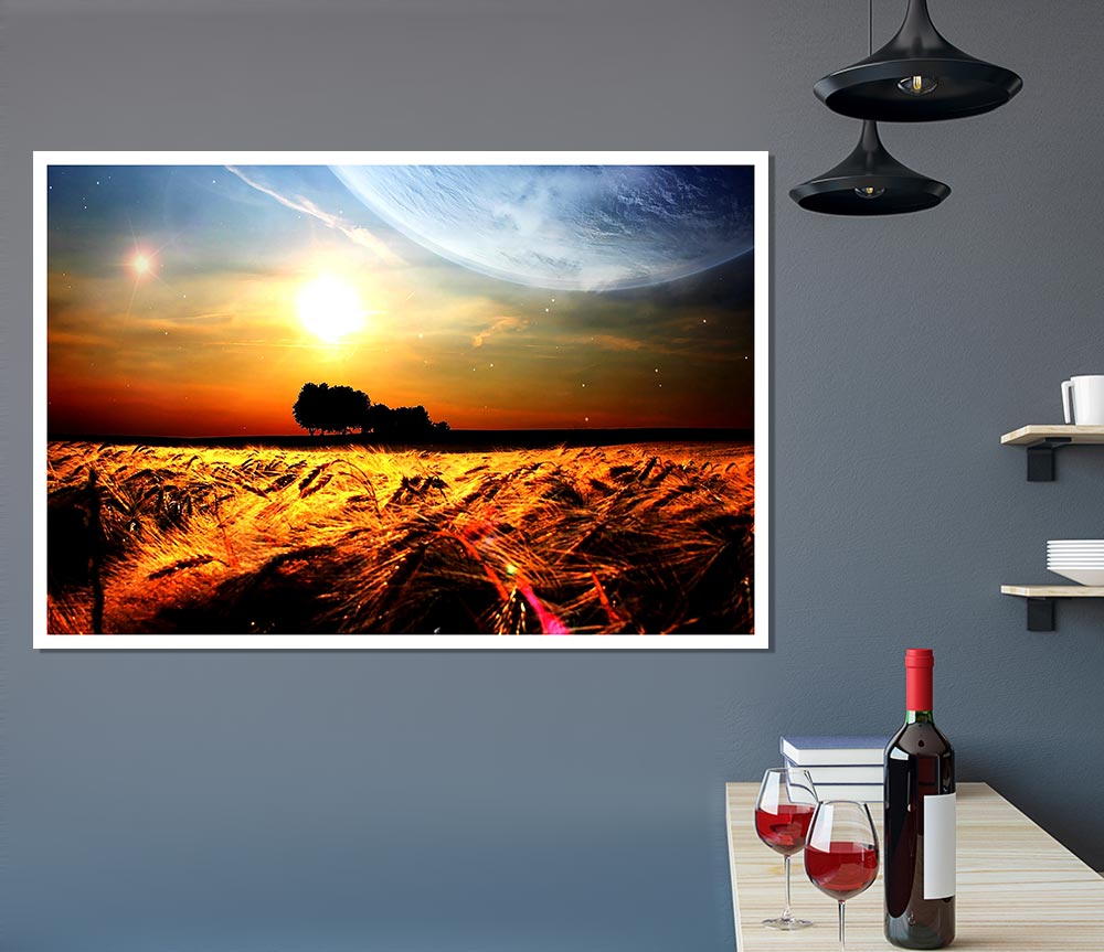 Fields Wheat In The Planets Golden Sun Print Poster Wall Art