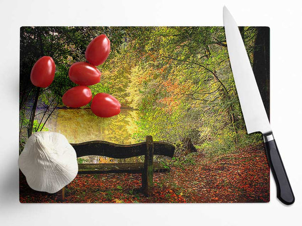 Empty Bench In Fall Scene Glass Chopping Board