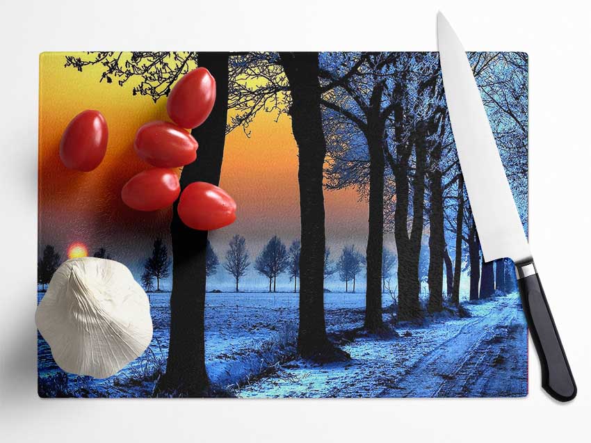 Winter Landscape With Orange Sky Glass Chopping Board