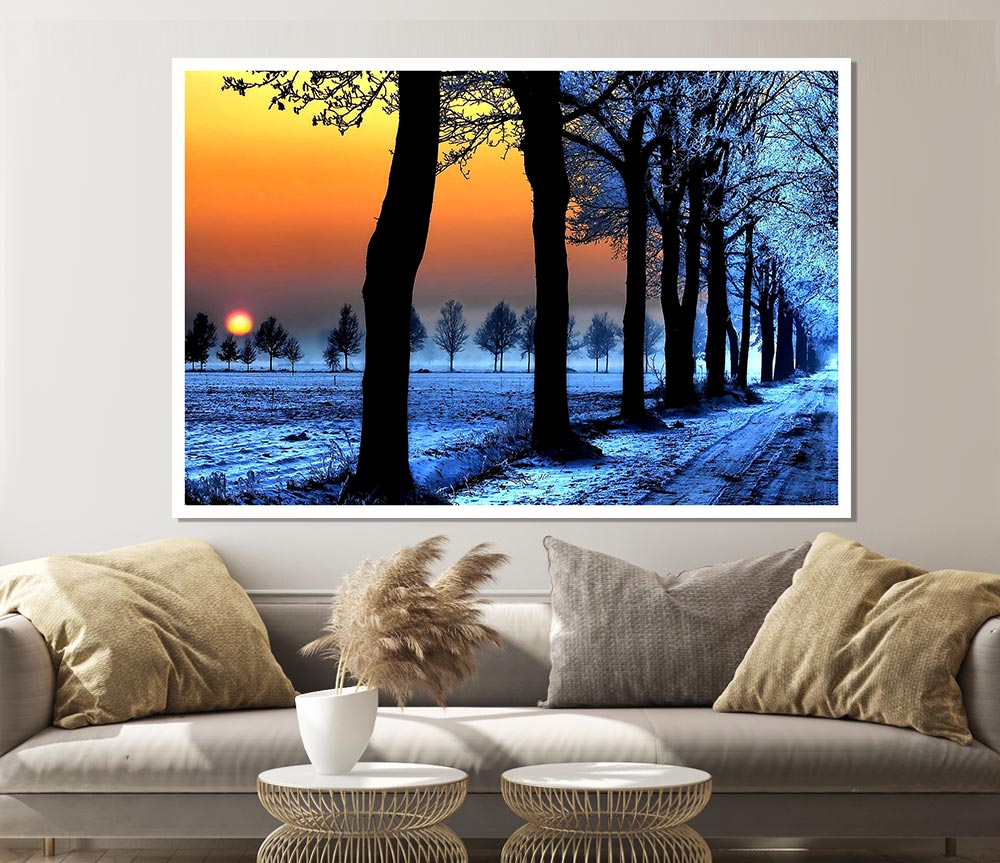 Winter Landscape With Orange Sky Print Poster Wall Art