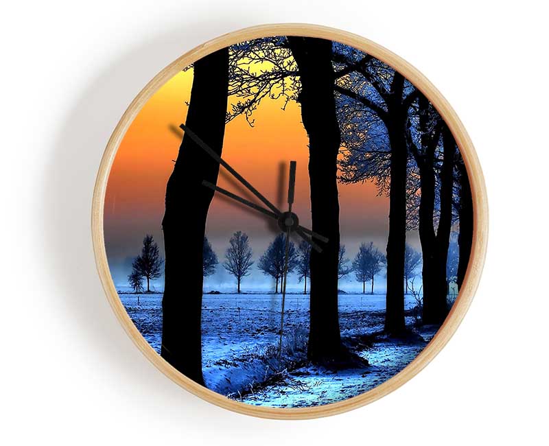 Winter Landscape With Orange Sky Clock - Wallart-Direct UK