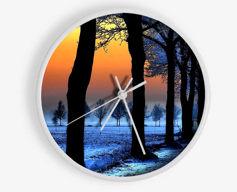 Winter Landscape With Orange Sky Clock - Wallart-Direct UK