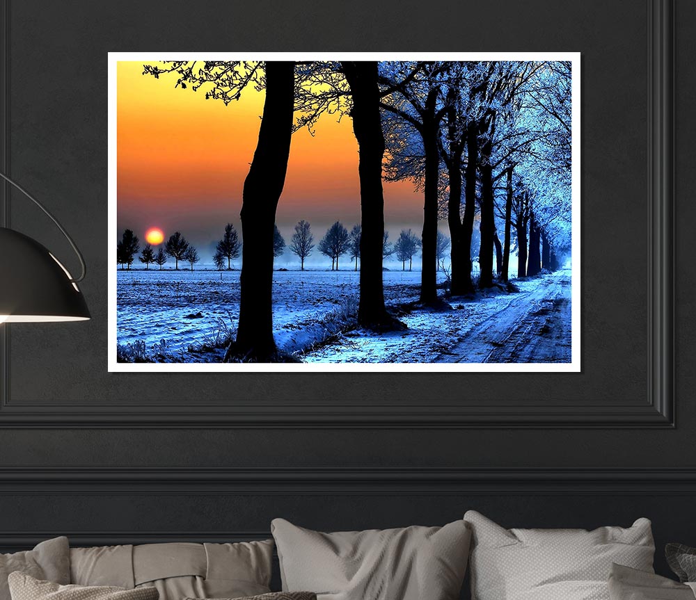 Winter Landscape With Orange Sky Print Poster Wall Art