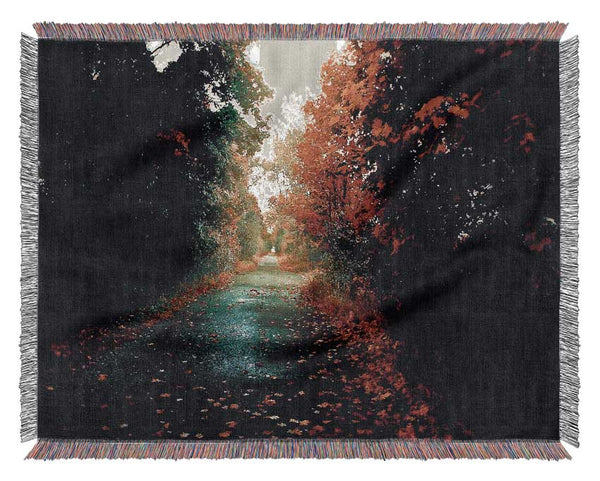 Red Trees On The Autumn path Woven Blanket