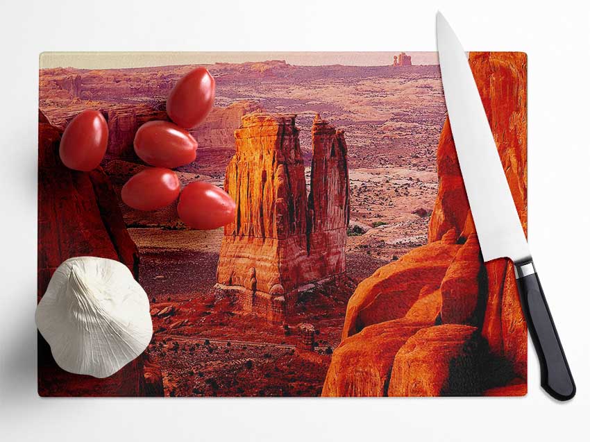 Courthouse Towers At Sunset Arches National Park Utah Glass Chopping Board