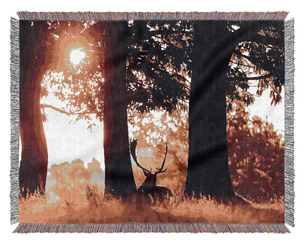 Stag In The Morning forest Woven Blanket