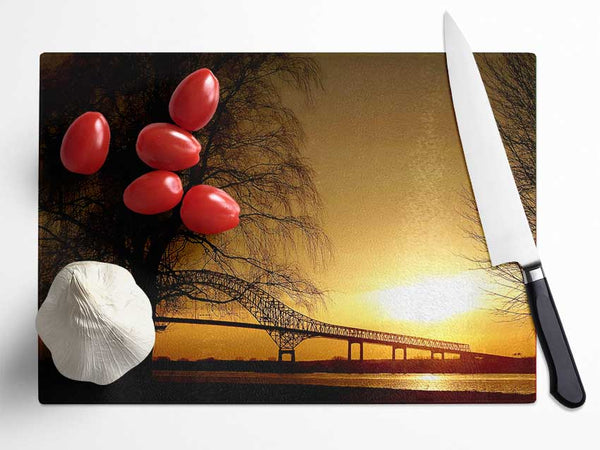 Bridge Over The Yellow Winter Lake Glass Chopping Board