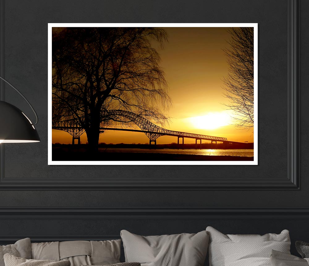 Bridge Over The Yellow Winter Lake Print Poster Wall Art