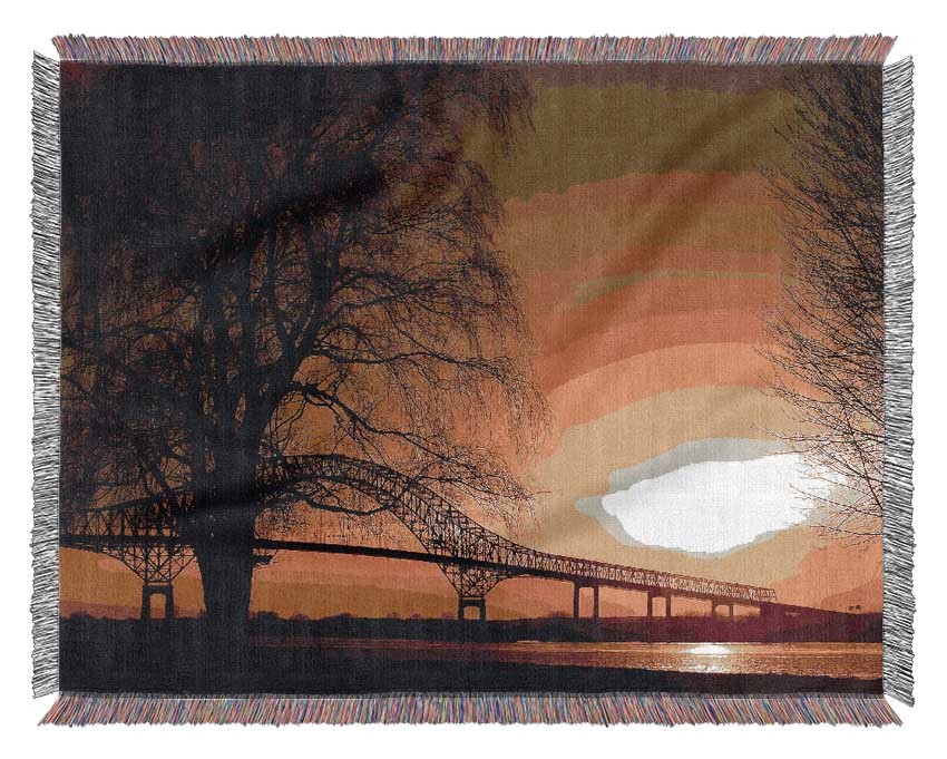 Bridge Over The Yellow Winter Lake Woven Blanket