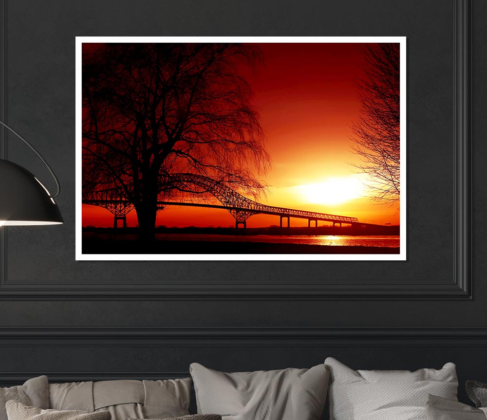 Bridge Over The Orange Winter Lake Print Poster Wall Art