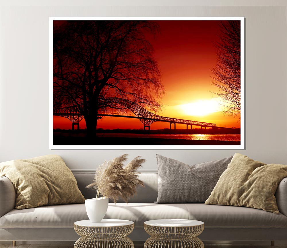 Bridge Over The Orange Winter Lake Print Poster Wall Art