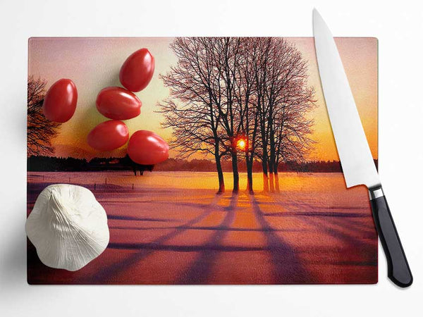 Winter Tree Sunrise Pinks Glass Chopping Board