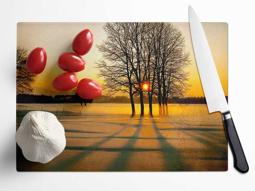 Winter Tree Sunrise Golden Glass Chopping Board