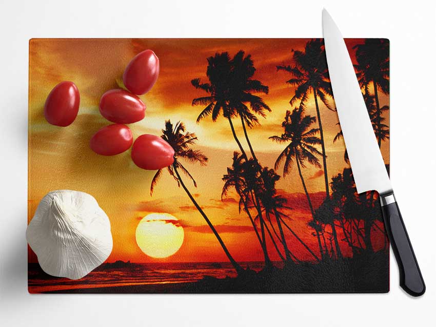 Palm Tree Paradise At Sunset Glass Chopping Board