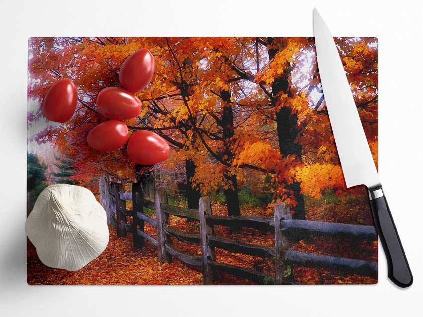 Orange Autumn Leaves Glass Chopping Board