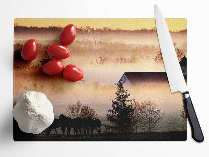 Horses In The Morning Mist Glass Chopping Board