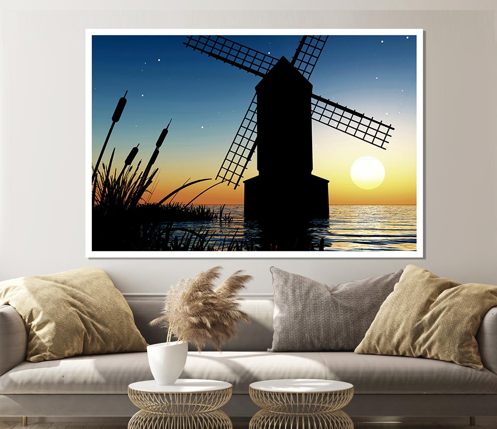 Windmill Ocean Nights Print Poster Wall Art