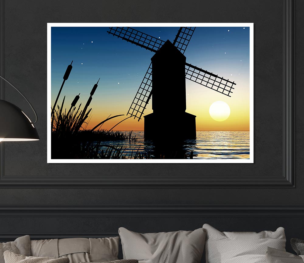 Windmill Ocean Nights Print Poster Wall Art