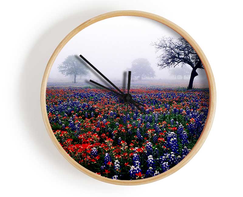 Field Of Flowers In The Morning Mist Clock - Wallart-Direct UK