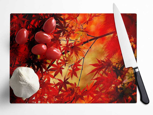 Red Leaves In Winter Glass Chopping Board