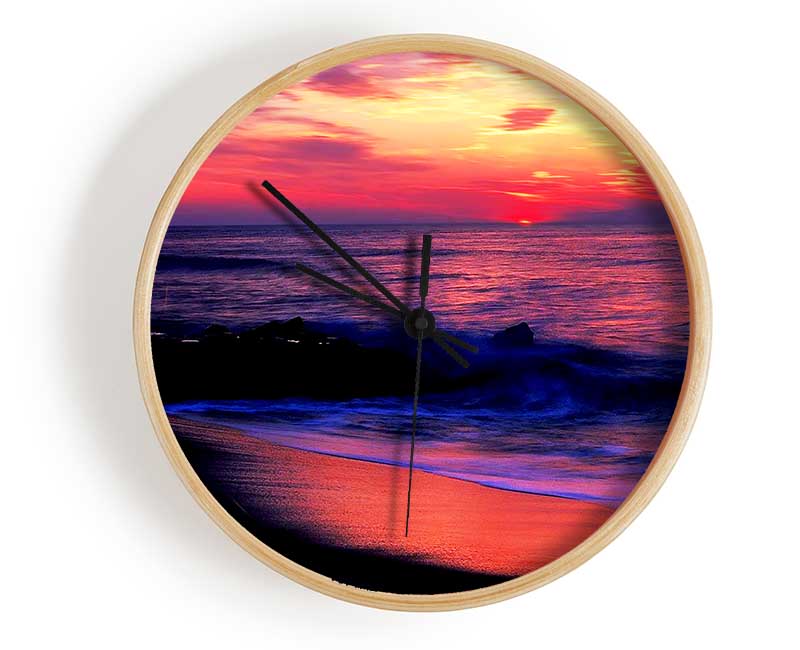 Stunning Red Distant Sun Ocean Clock - Wallart-Direct UK