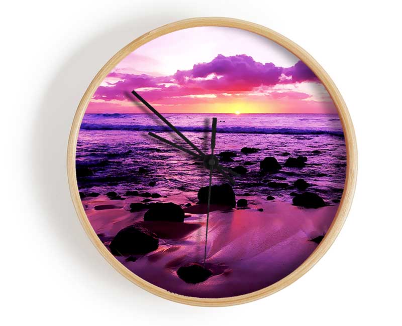 Purple Ocean Sunrise Rocks Clock - Wallart-Direct UK