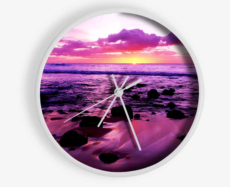 Purple Ocean Sunrise Rocks Clock - Wallart-Direct UK