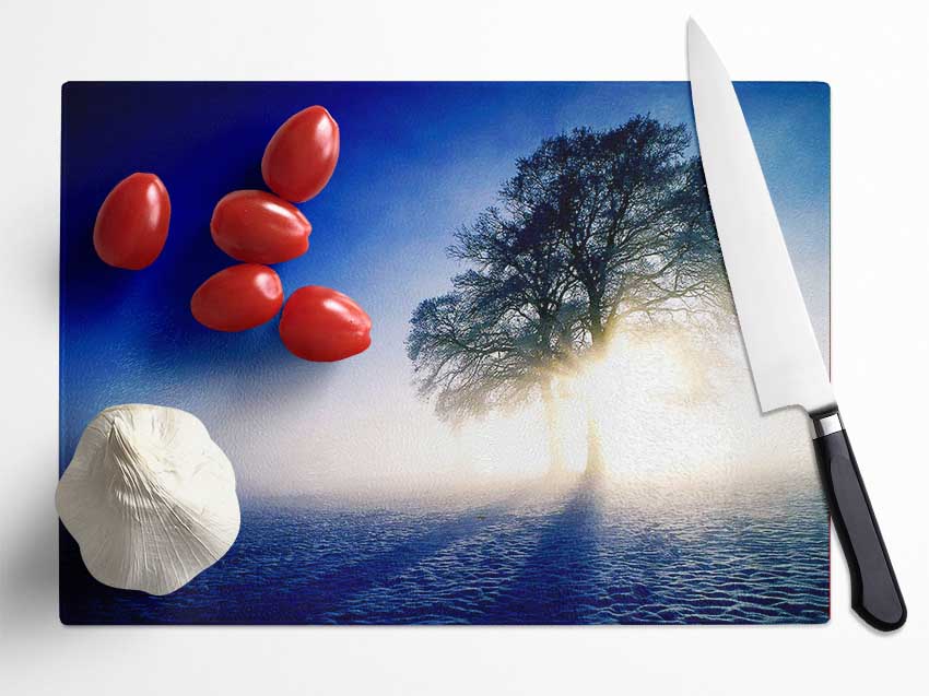 Misty Tree At Sunrise Glass Chopping Board