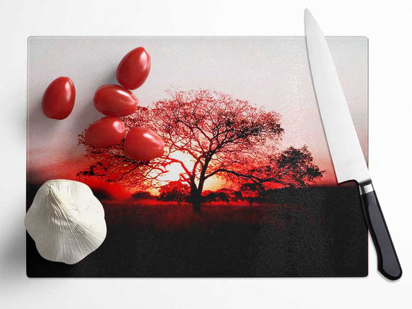 Red Sunrise Oak Tree Glass Chopping Board