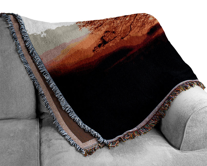 Red Sunrise Oak Tree Woven Blanket