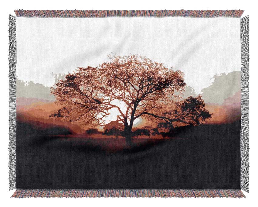 Red Sunrise Oak Tree Woven Blanket