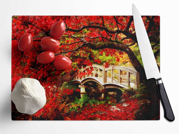 Bridge Over The Red Tree River Glass Chopping Board