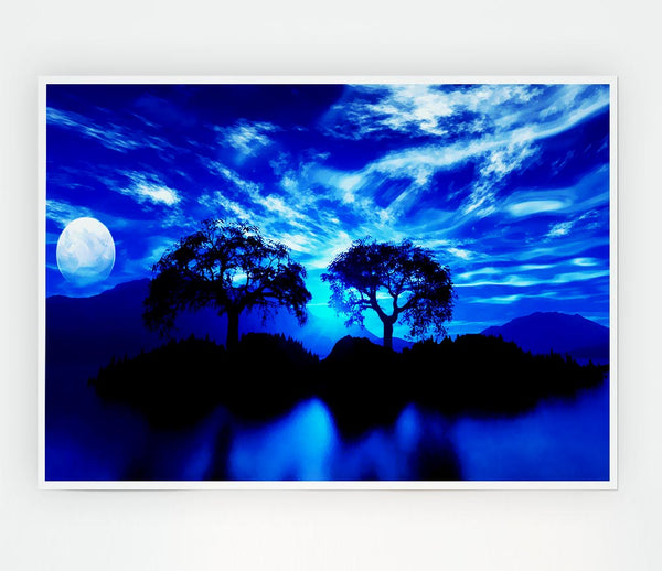 Blue Twin Island Moon Print Poster Wall Art