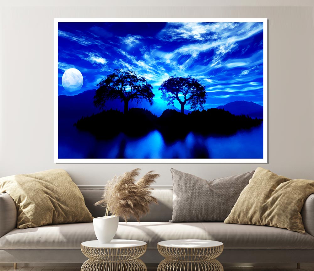 Blue Twin Island Moon Print Poster Wall Art