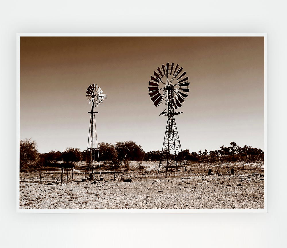 Australian Windmills Sepia Print Poster Wall Art