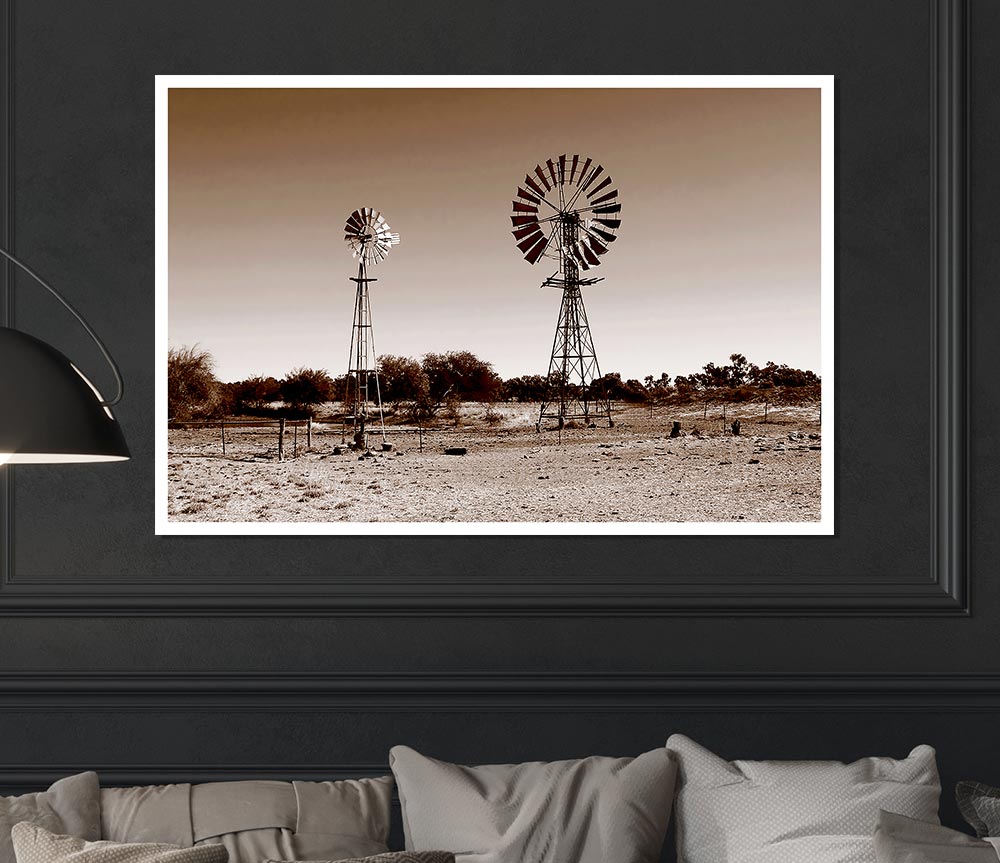 Australian Windmills Sepia Print Poster Wall Art